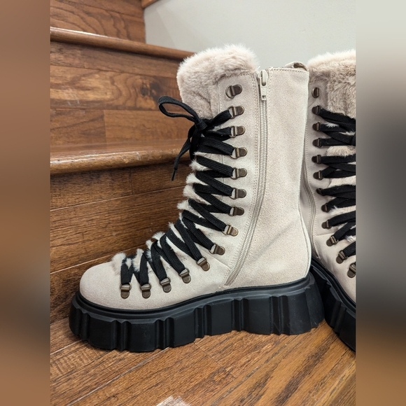 Browns B2 Tofino suede & faux fur platform moto combat boot cream Sz 9.5/10 EU40 - Picture 7 of 16